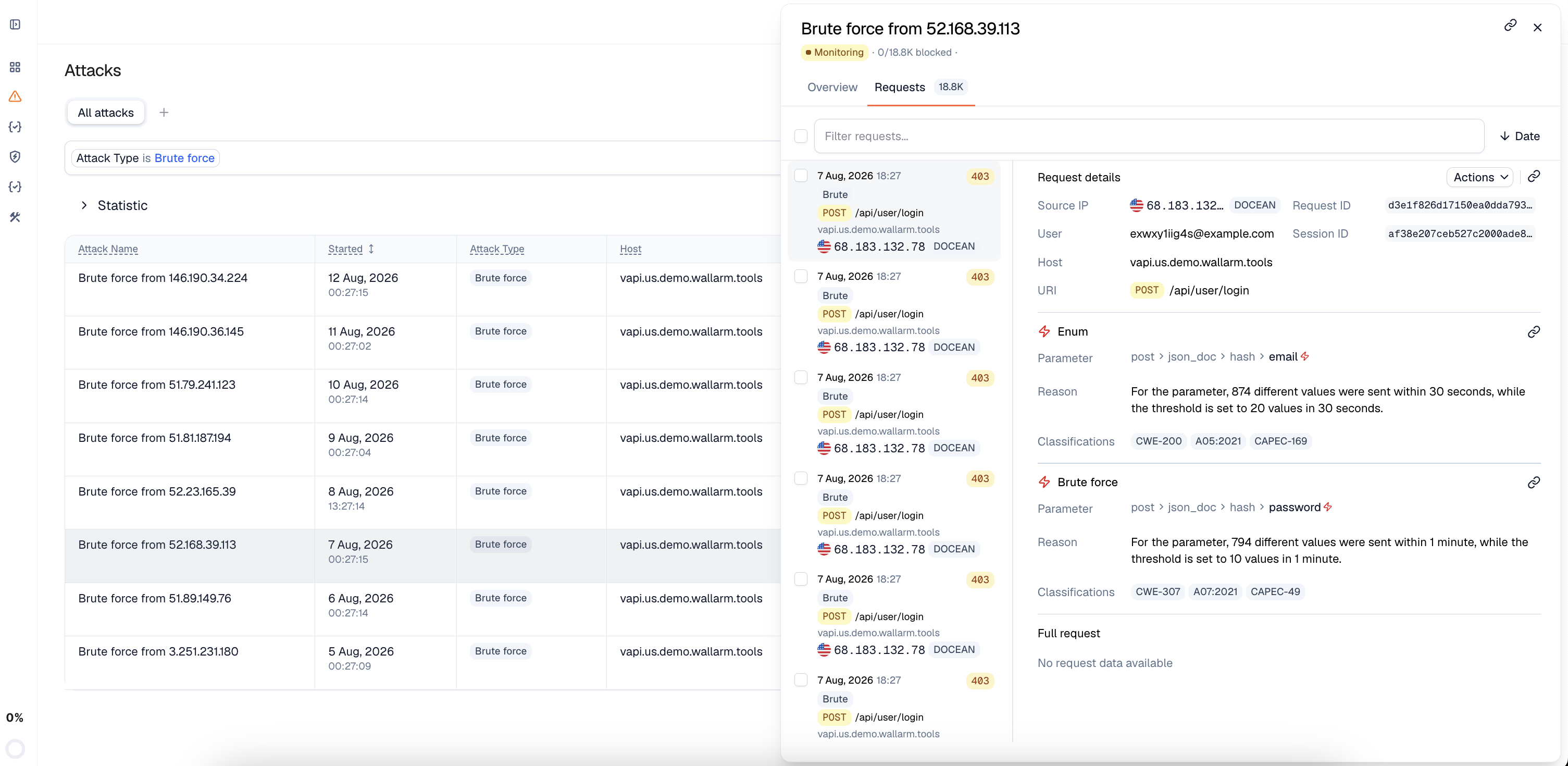 Enumeration attack (brute force) in Attacks section