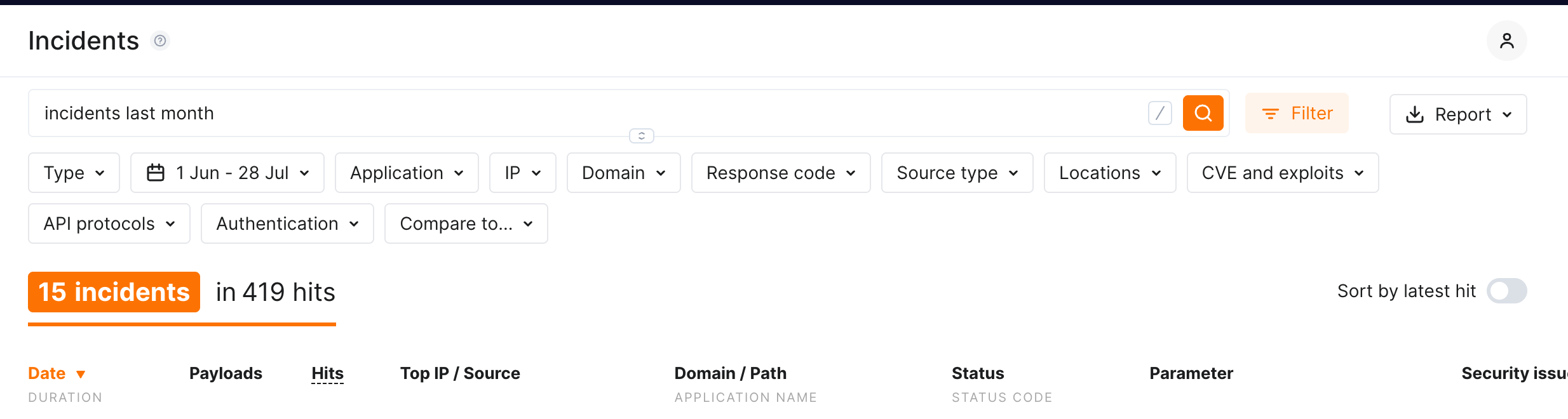 Filters in the Incidents section