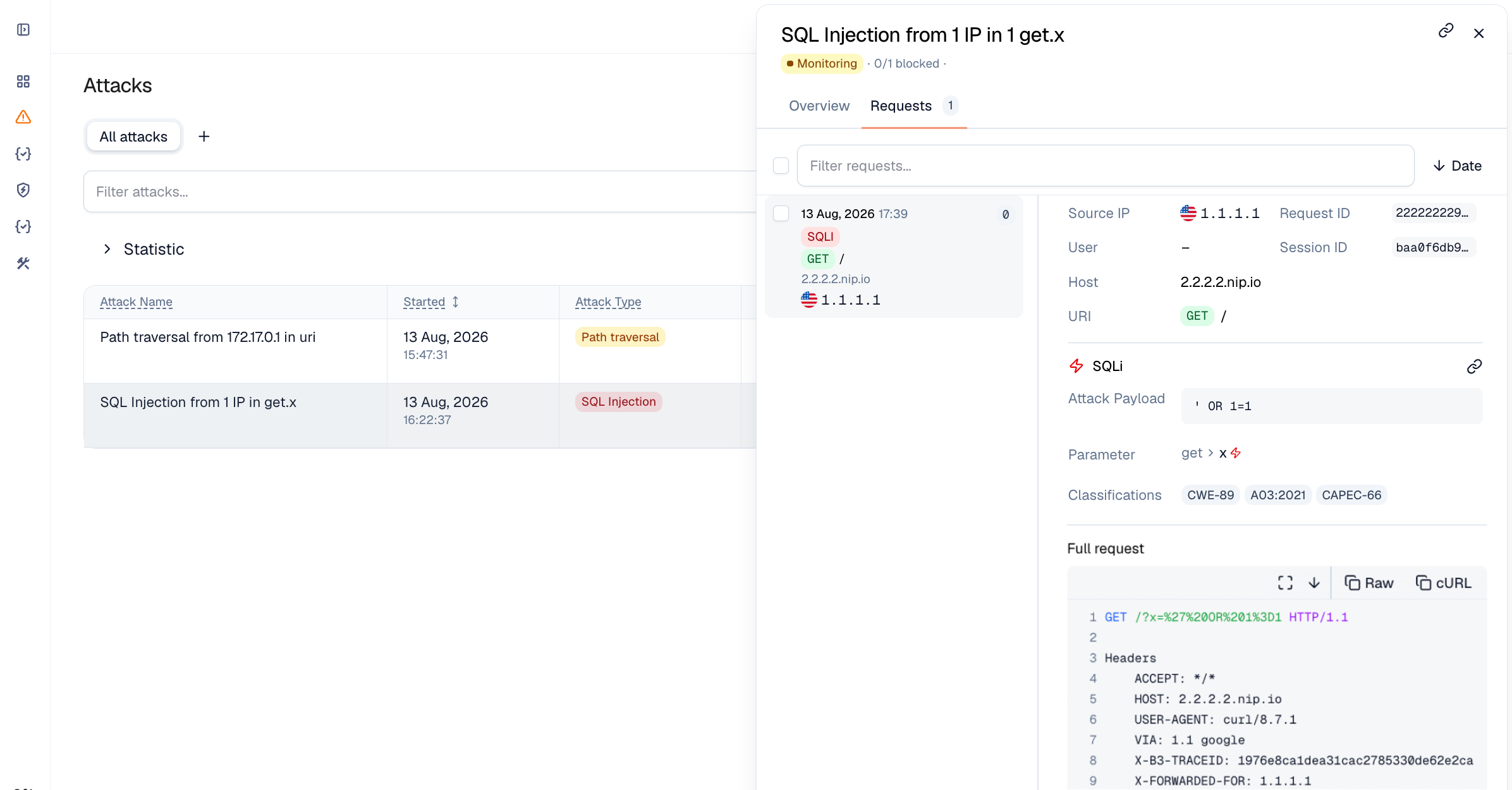SQLi attacks in the interface (Apigee APIM connector for Wallarm)